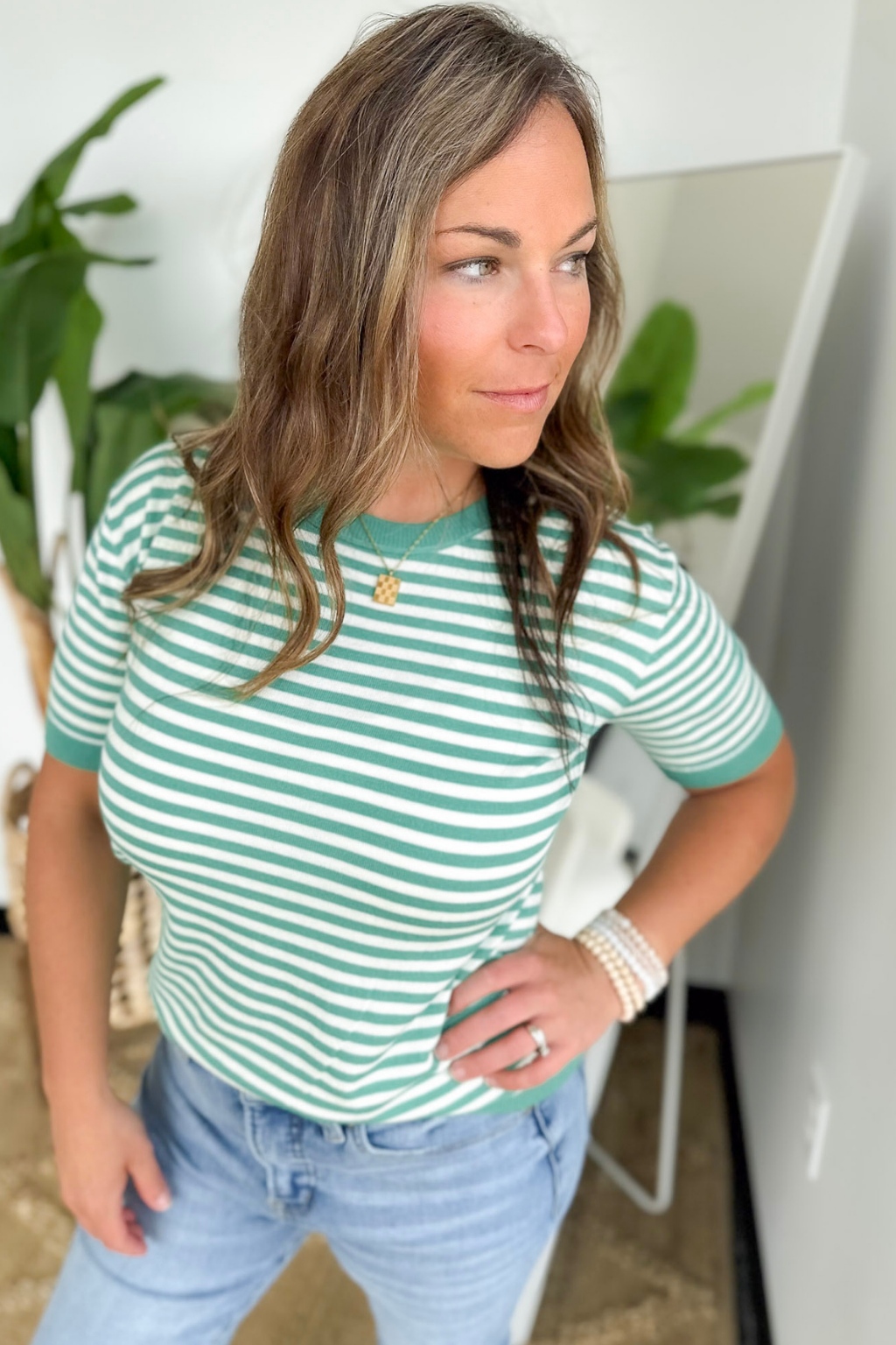 Green/Ivory Striped 1/2 Sleeve Knit Top