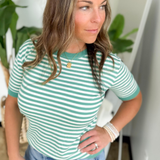 Green/Ivory Striped 1/2 Sleeve Knit Top
