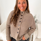 Taupe Knit High Neck Button Sweater