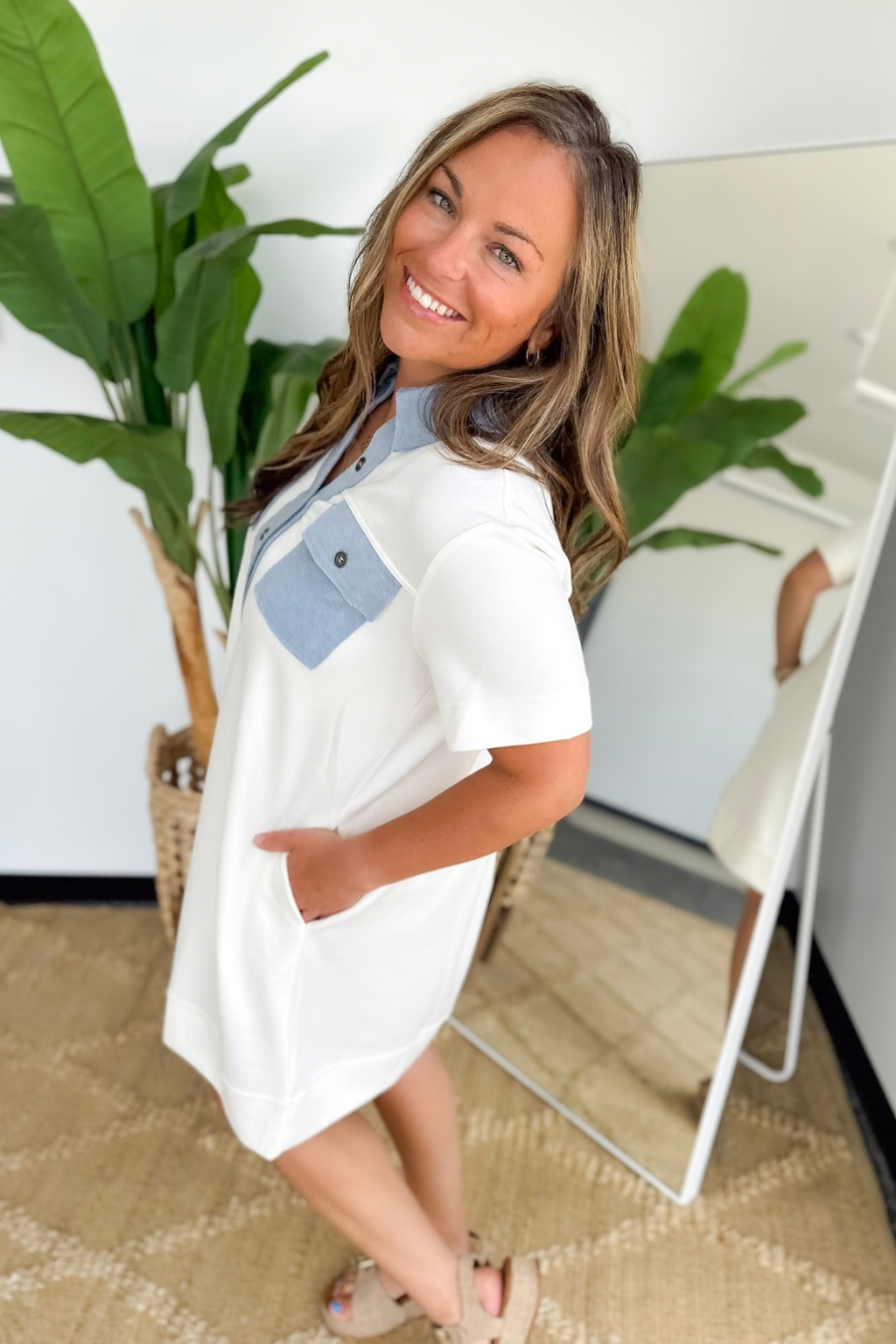 Ivory Collared Mini Dress with Denim Accents