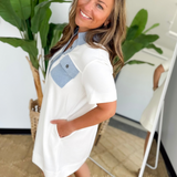 Ivory Collared Mini Dress with Denim Accents