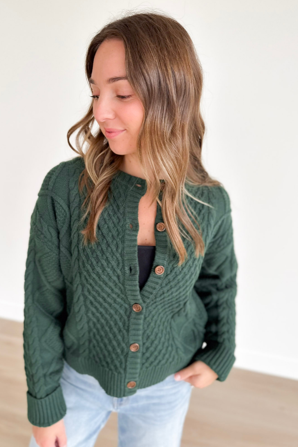 Green Cable Knit Button Cardigan
