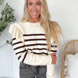 Striped Knit Sweater with Ruffle Sleeve Detail