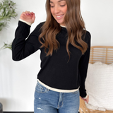 Black Knit Contrast Cream Hemlines Top