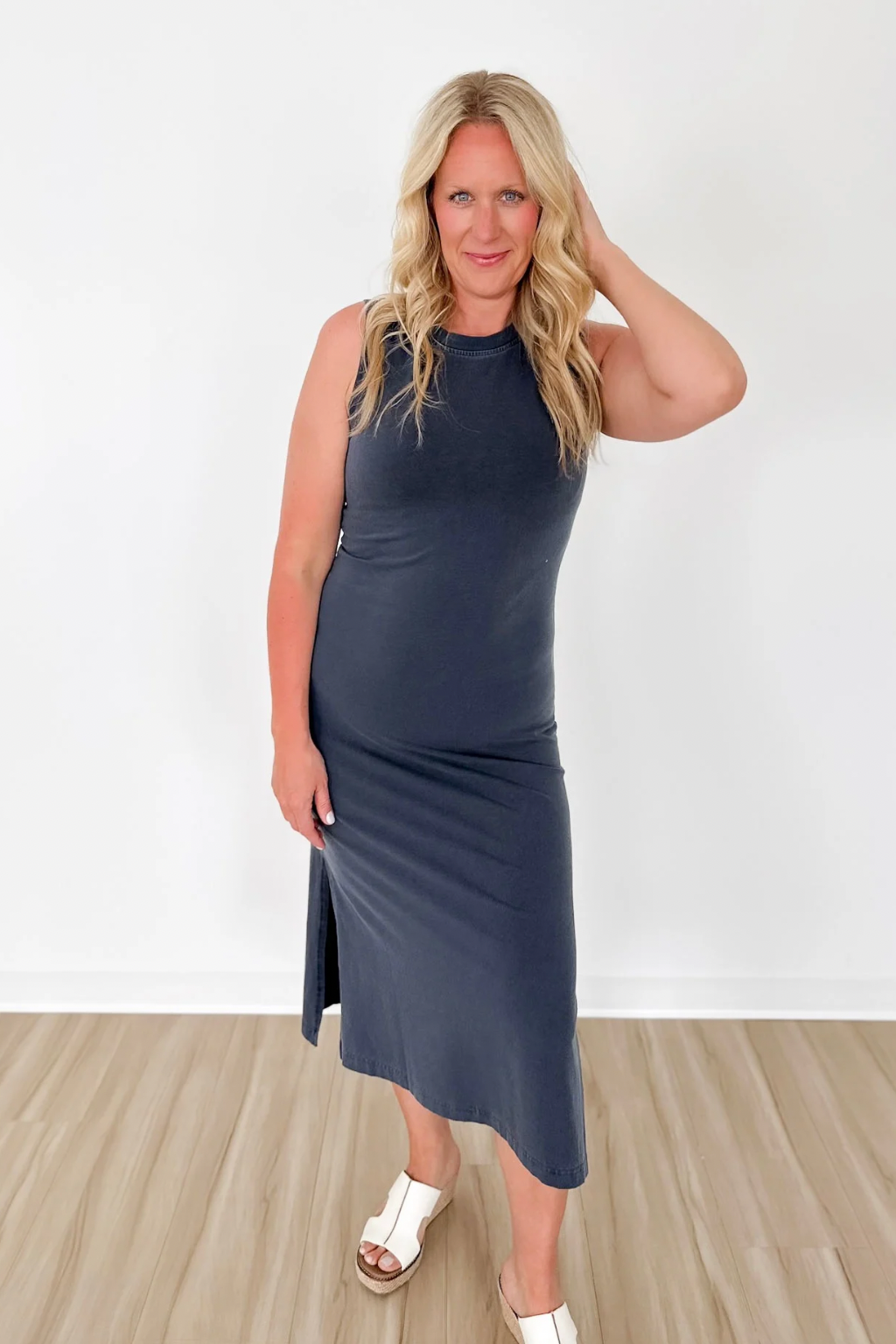 Navy Sleeveless Shirt Maxi Dress
