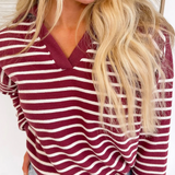 Burgandy Knit Long Sleeve White Stripe Top