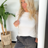 Cream Wide Neck Waffle Knit Long Sleeve Top