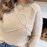 Taupe Knit Bow Textured Sweater