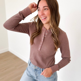 Mocha 1/2 Snap Button Waffle Knit Top