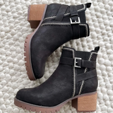 Black Suede Heeled Boots With Silver Buckle