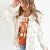 Beige & Tan Plaid Button Up Top