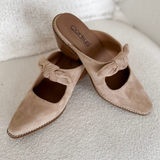 Camel Suede Slip on Heeled Mules
