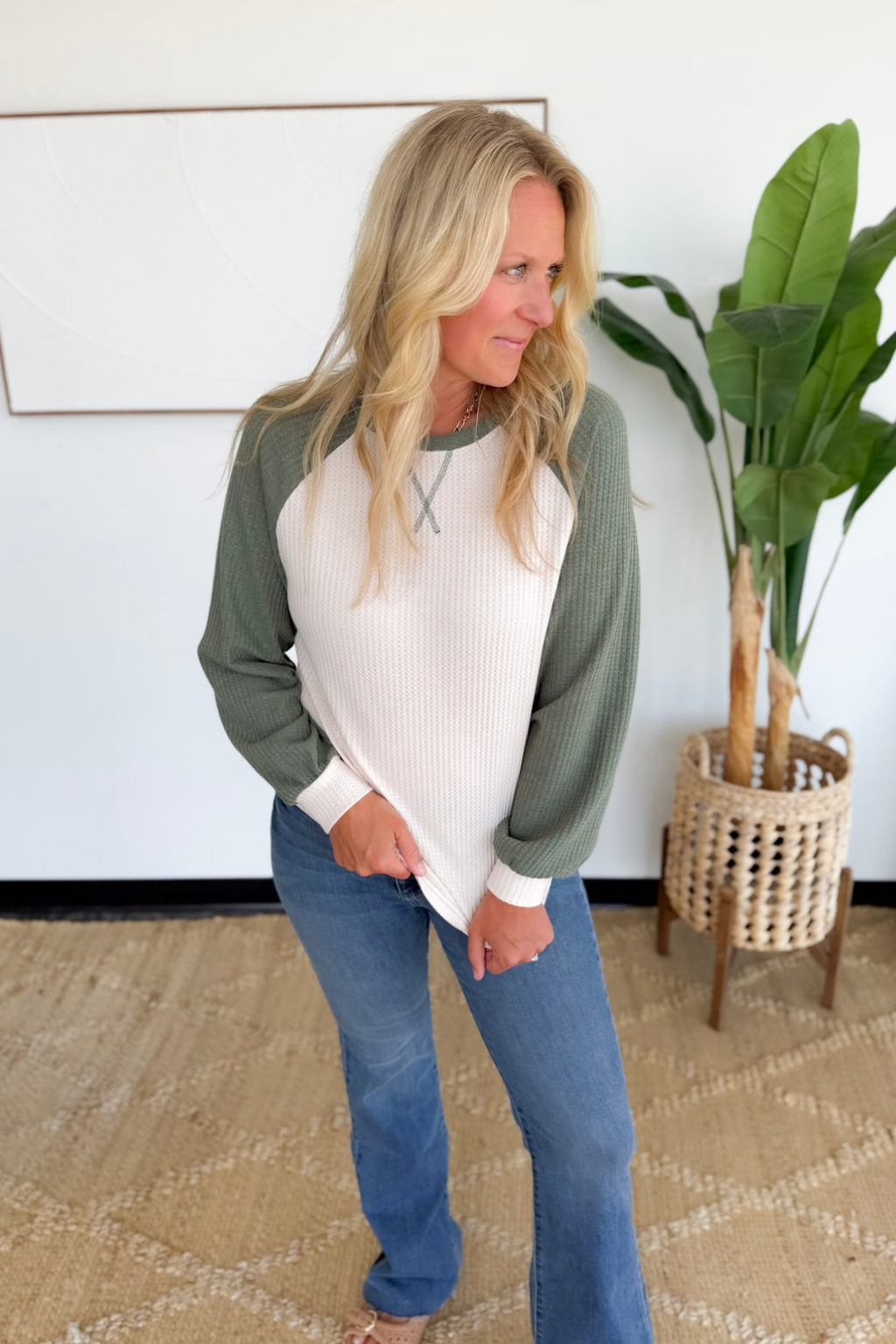 Green Waffle Color Block Raglan Sleeve Top