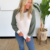 Green Waffle Color Block Raglan Sleeve Top