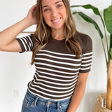 Olive Ribbed Short Sleeve White Striped Top