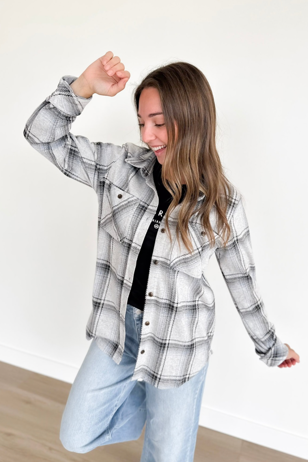 Grey & Black Plaid Button Up Top