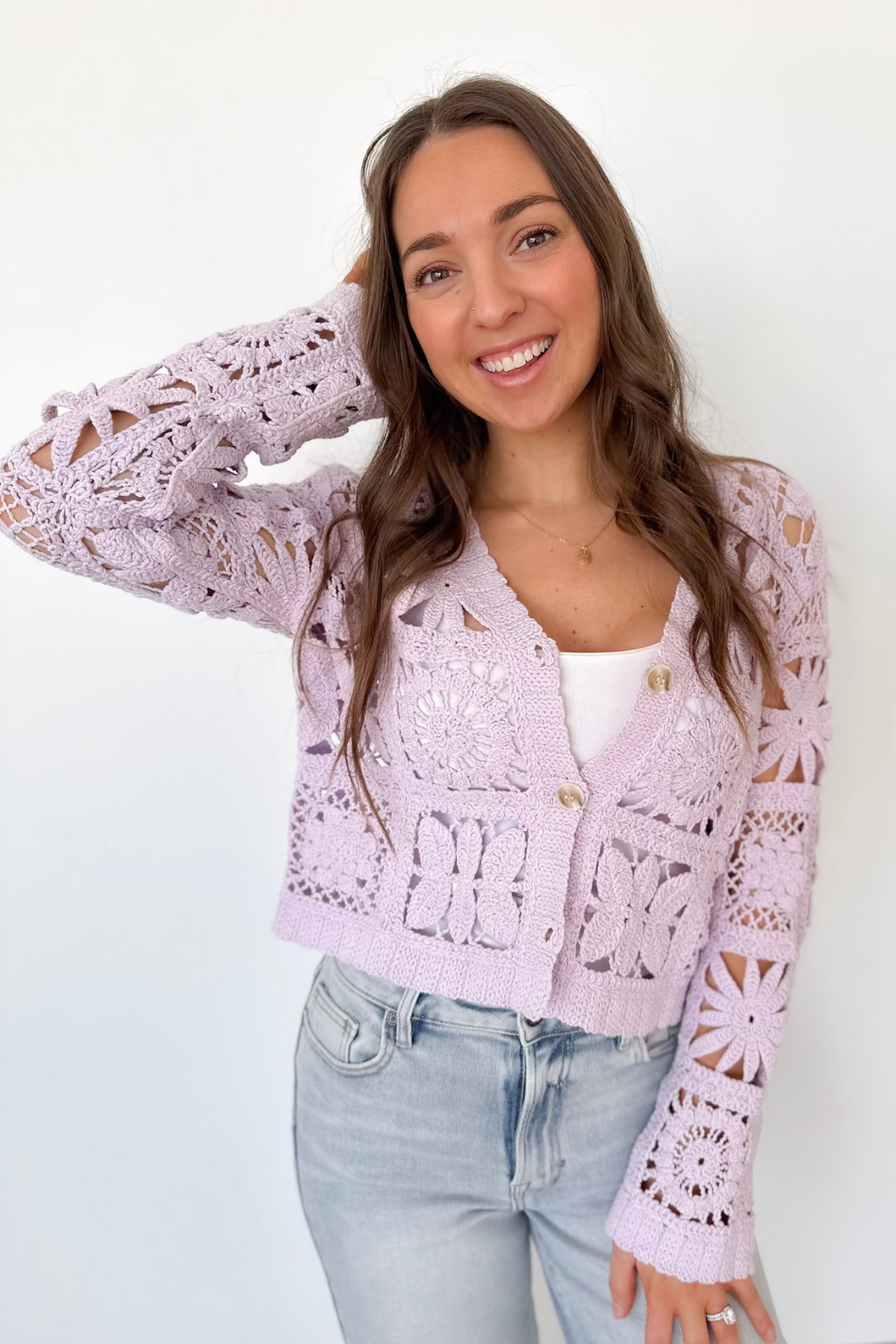 Lavender Crochet Button Up Cardigan