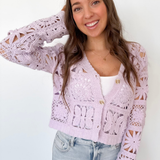 Lavender Crochet Button Up Cardigan