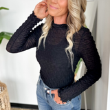 Sheer Knit Textured Mock Neck Long Sleeve Top