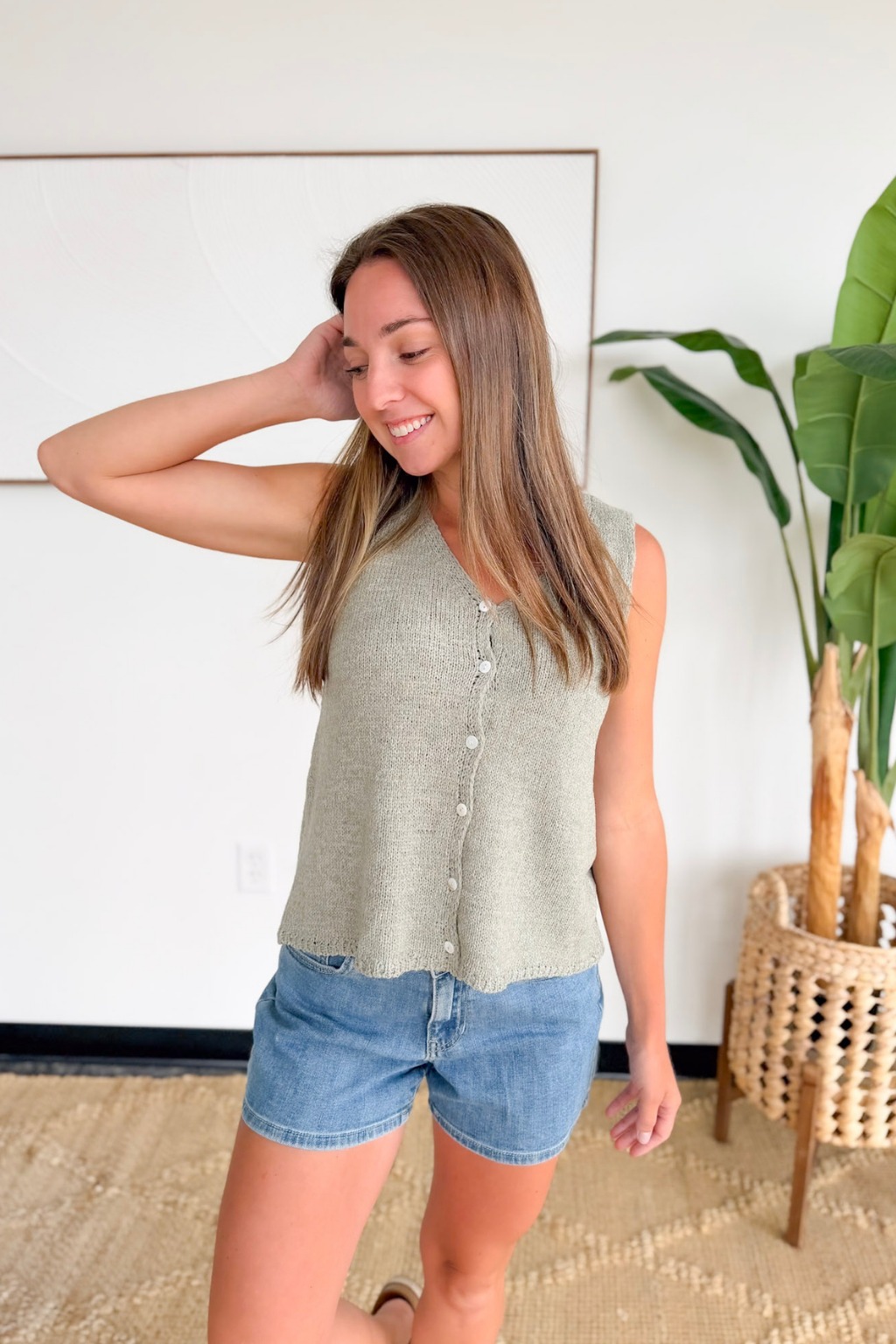 Dusty Sage Button Up Knit Sweater Vest
