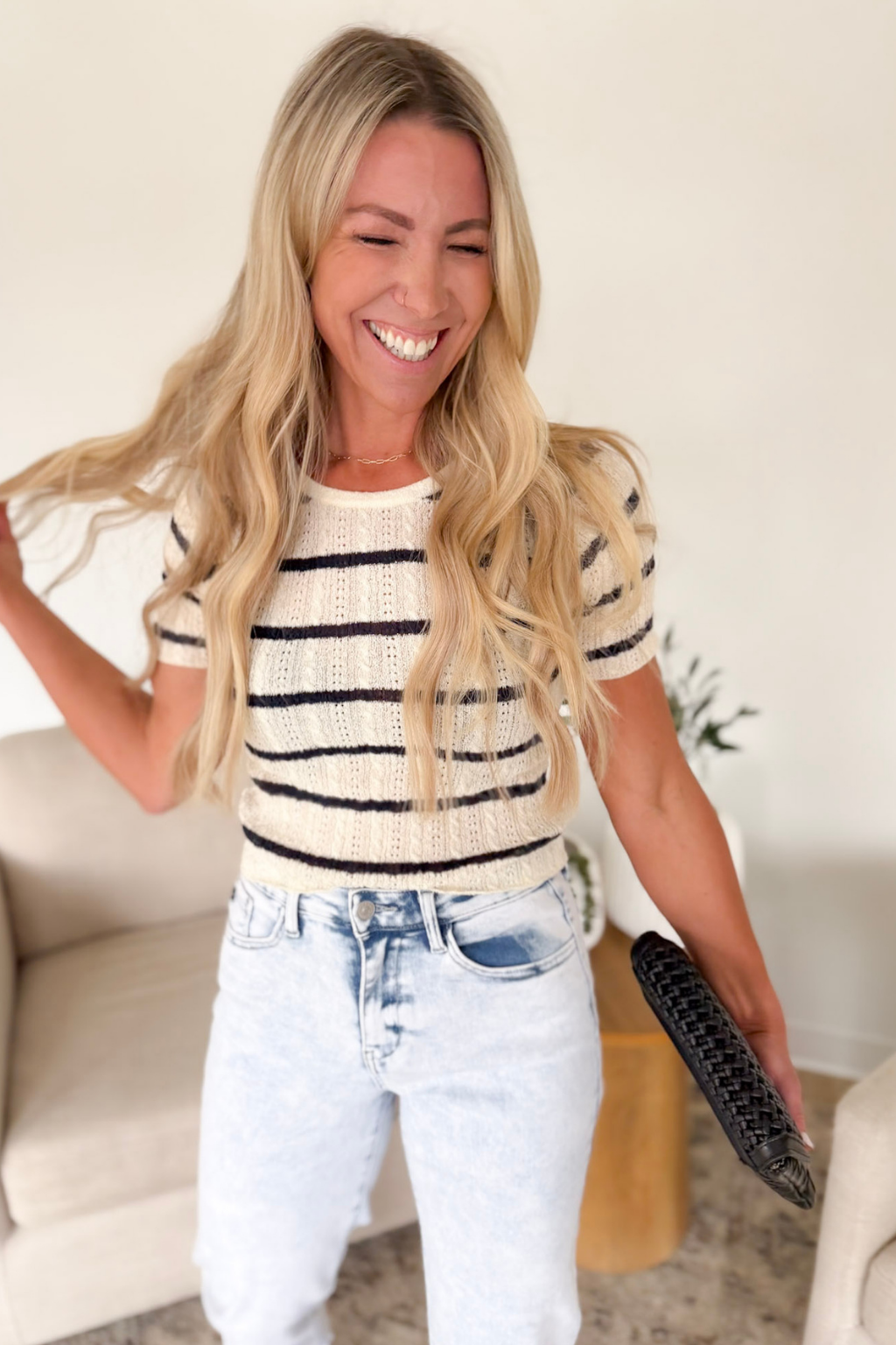 Cream Striped Cable Knit Top