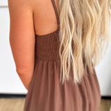 Brown Pintuck Spaghetti Strap Midi Dress
