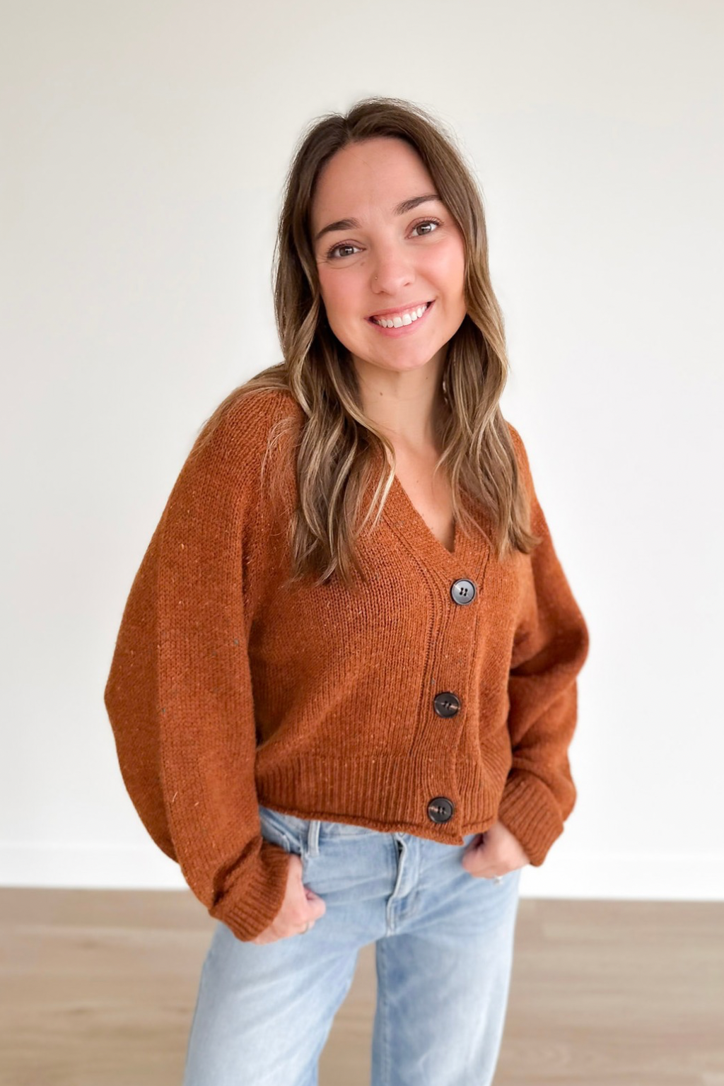 Copper Brown Speckled V-Neck Button Cardigan
