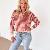 Rust 1/2 Zip Mock Neck Striped Pullover