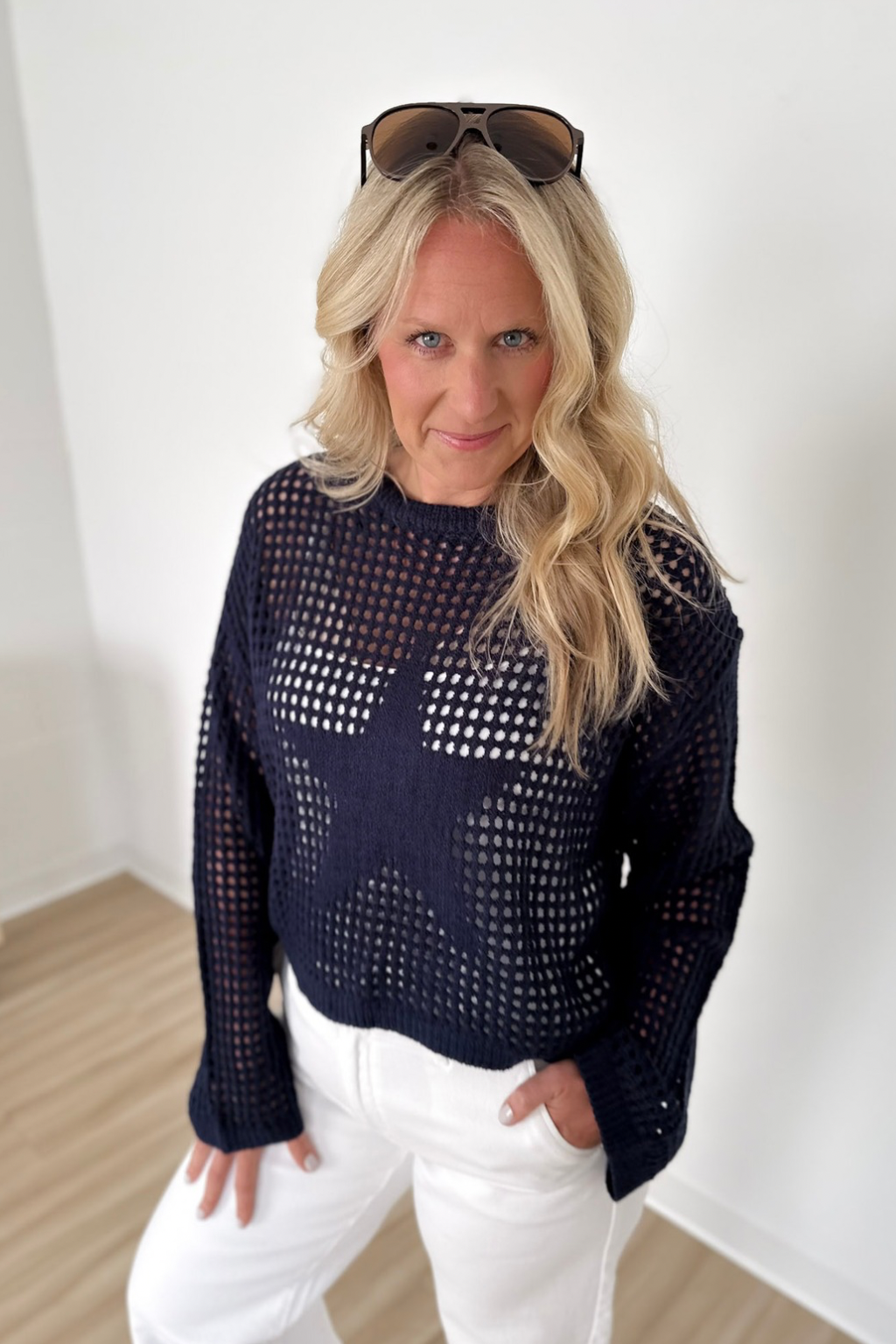 Navy Blue Open Knit Star Sweater