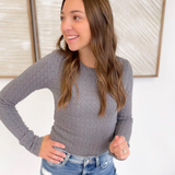 Grey Textured Long Sleeve Fitted Top