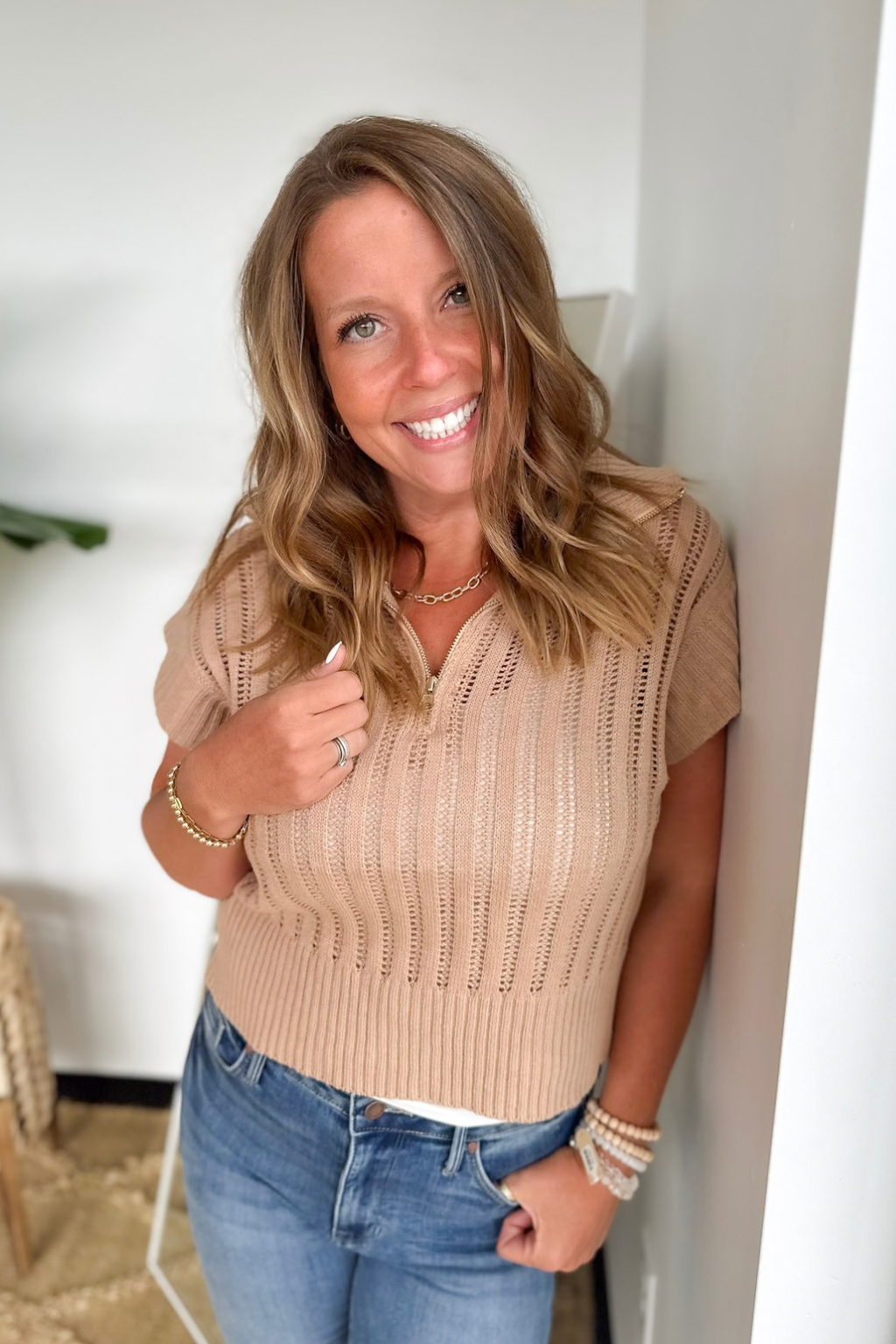 Mocha Open Knit Collared Short Sleeve Sweater