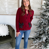 Burgandy Button Down Cardigan with Bows
