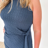 Textured Blue Sleeveless Side Tie Midi Dress