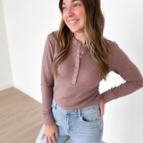 Mocha 1/2 Snap Button Waffle Knit Top