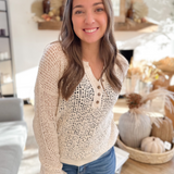 Natural Open Knit Half Button Top