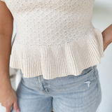 Natural Pointelle Knit Ruffle Sweater Top