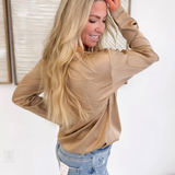 Sand Satin Long Sleeve Drawstring Hemline Top
