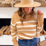 Camel/Cream Striped Knit Pullover Sweater