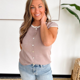 Light Mocha Button Detail Short Sleeve Knit Top