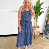 Navy Polka Dot Flare Midi Dress