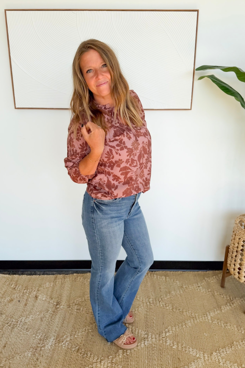 Brwon Floral 3/4 Sleeve Top