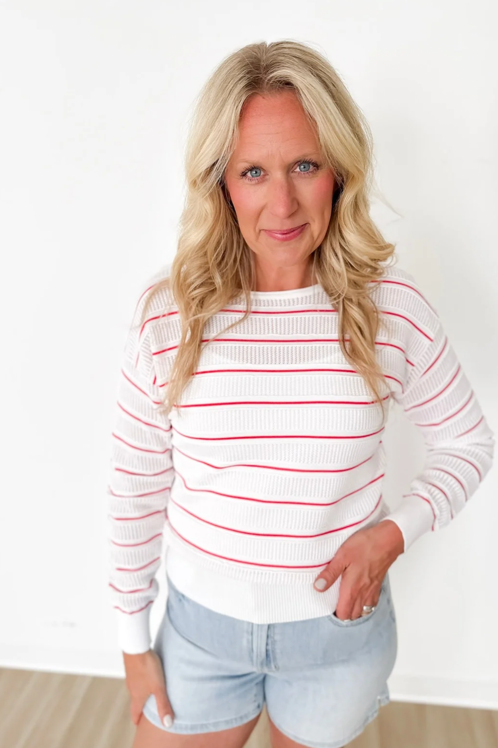 Open Weave Pointelle White/Pink Top