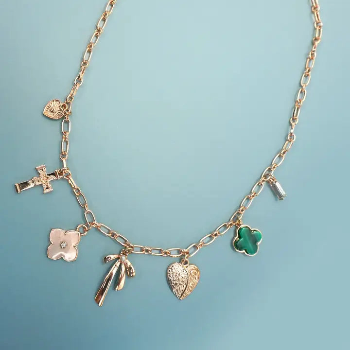 Charm Necklace - Green Clover Bow Cross