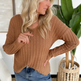 Ribbed V Neck Sweater With Drop Shoulder