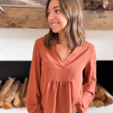 Lainey Camel V-Neck Long Sleeve Top