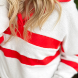 Red/White V-Neck Collared Textured Top