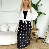 Black Satin Cream Polka Dot Midi Skirt