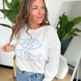 Ivory Knit Blue Fish Sweater