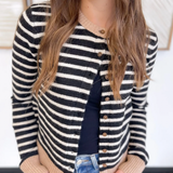 Striped Button Cardigan with Contrast Trim