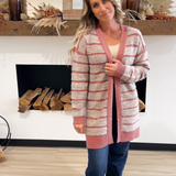 Mauve Textured Striped Long Cardigan